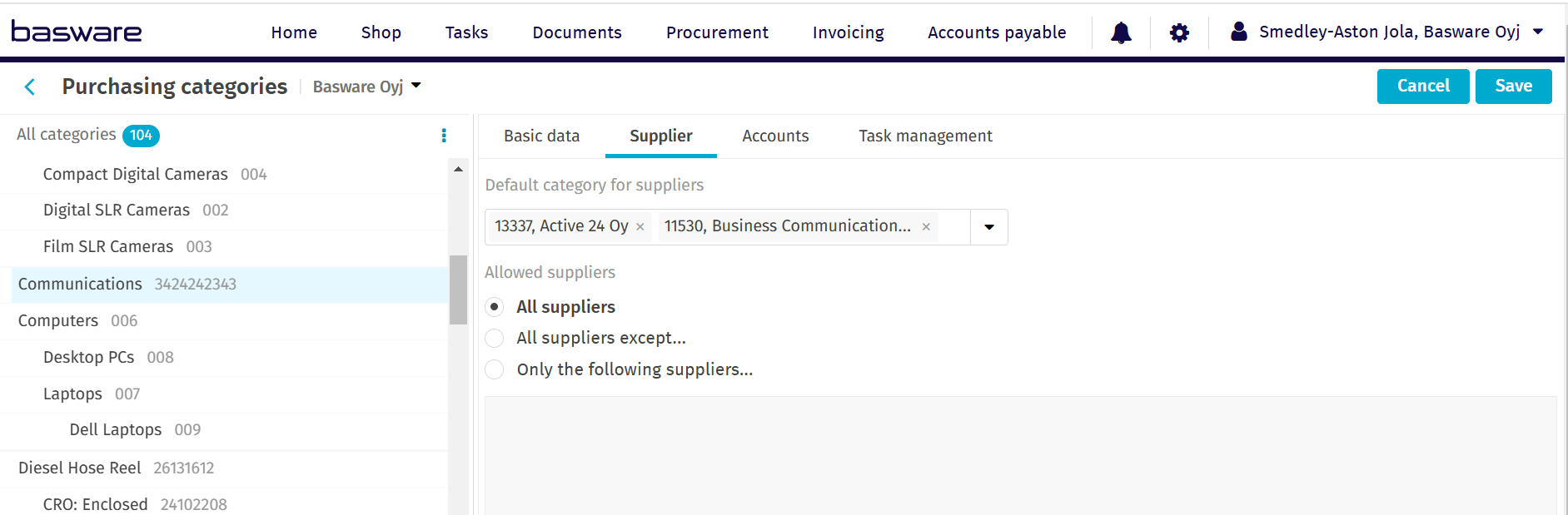 Set a default purchasing category for a supplier